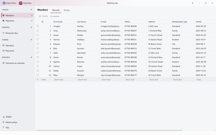 The Data Files app with a walking club’s database open: the Members table’s twelve records with names, e-mail addresses, phone numbers, addresses, membership types and joining dates, and down the side its tables, the query Renewals due, two forms and the report Payments by member