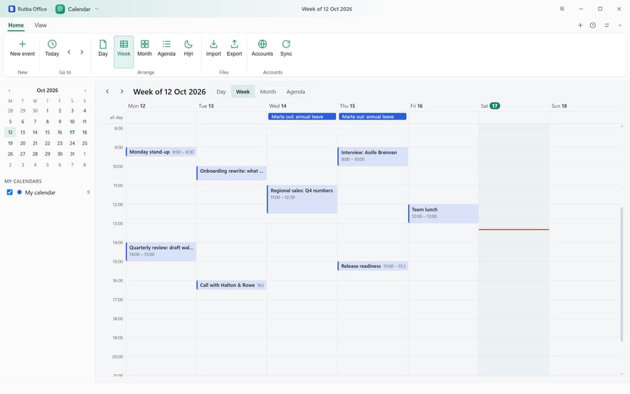 The Calendar app in week view: meetings by the hour from Monday to Friday, a stand-up on Monday morning, today marked, and an all-day annual leave entry across two days