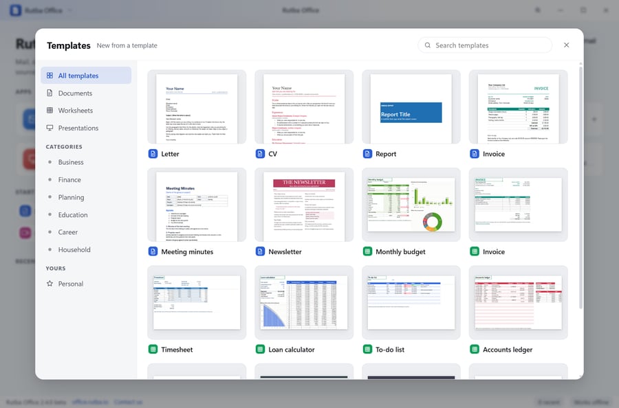 The Rutba Office launcher showing its gallery of templates as pictured cards, with a list of kinds down the left and a search box