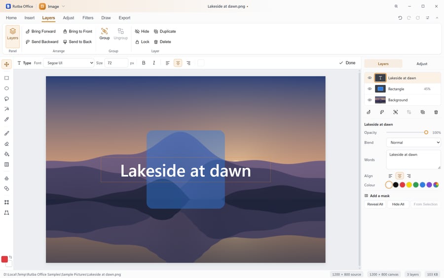 The Image app showing a lakeside picture with a see-through blue panel and the words Lakeside at dawn over it, and the Layers panel listing the words, the rectangle at 45% and the background