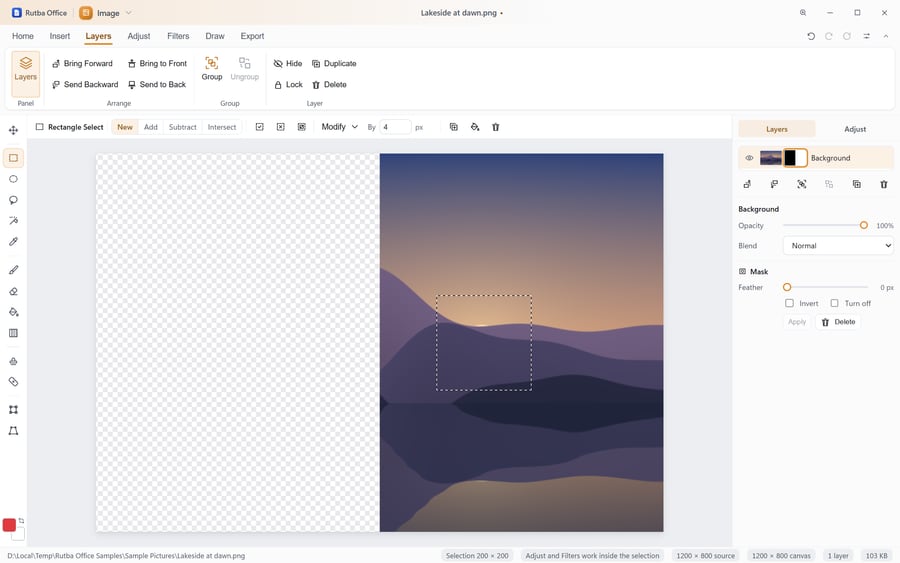 The Image app showing a picture whose left half is hidden by a layer mask, shown as a chequered background, a dashed square selection on the right half, and the mask beside the picture in the Layers panel