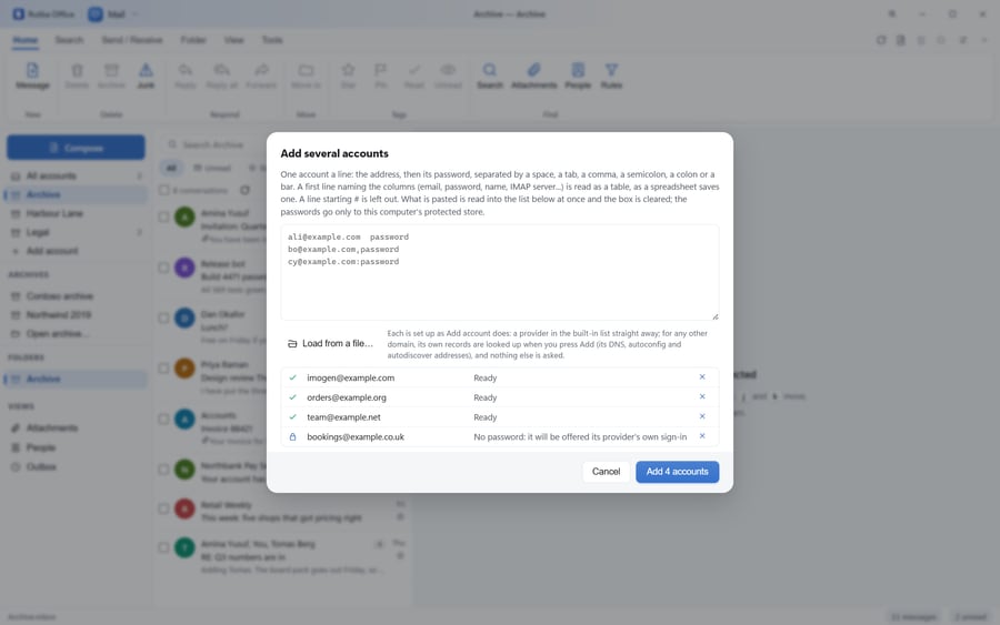The Mail app with the Add several accounts box open, listing four email addresses pasted in, three marked ready and one with no password that will be offered its provider’s own sign-in, and a button to add all four