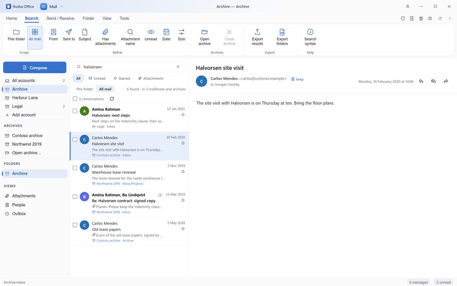 The Mail app on its Search tab with results for halvorsen from all mail: the count of messages found in three mailboxes and archives, each result naming the archive and folder it came from, and one result open in the reading pane