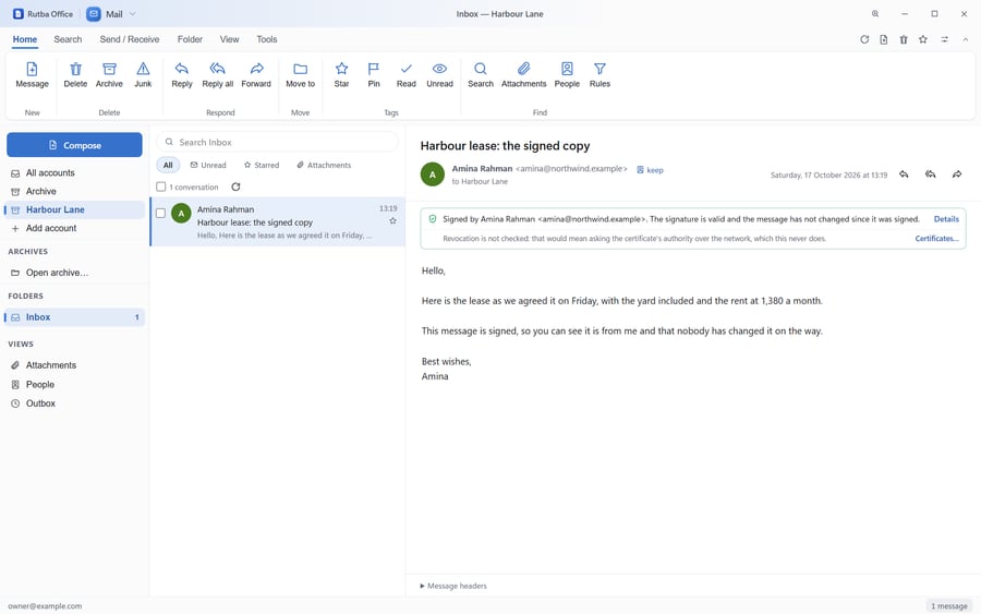 The Mail app with a message open whose green strip above the text says it is signed by Amina Rahman, that the signature is valid and the message has not changed since it was signed