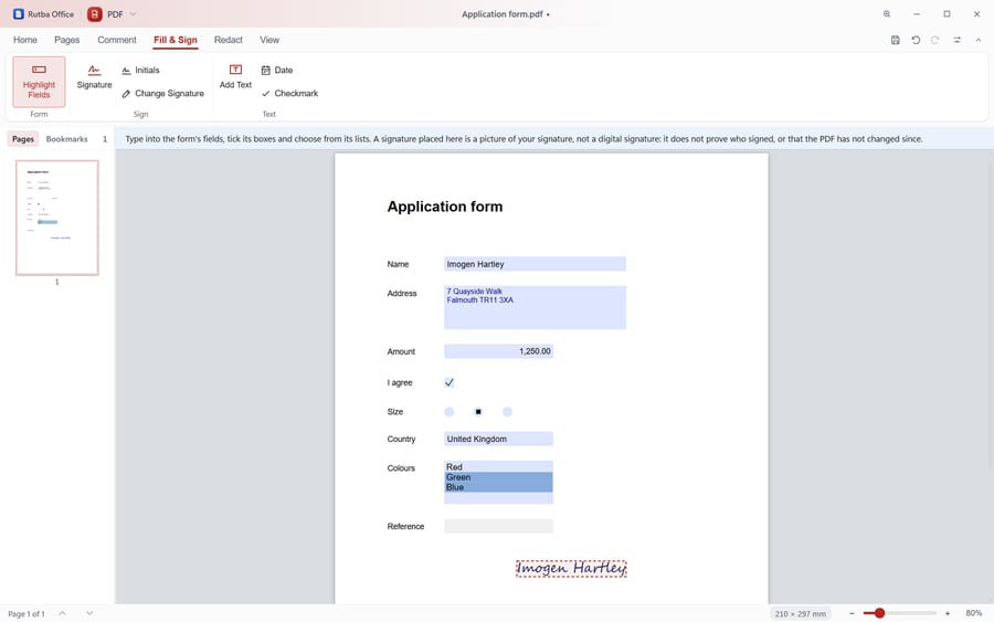 The PDF app on the Fill & Sign tab showing an application form filled in: a ticked box, a chosen size, a country and colours selected from lists, and a handwritten-style signature placed at the foot of the page