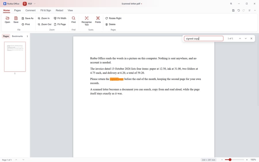 The PDF app showing a scanned letter after Recognise Text, with the Find box open and the words found highlighted on the scan