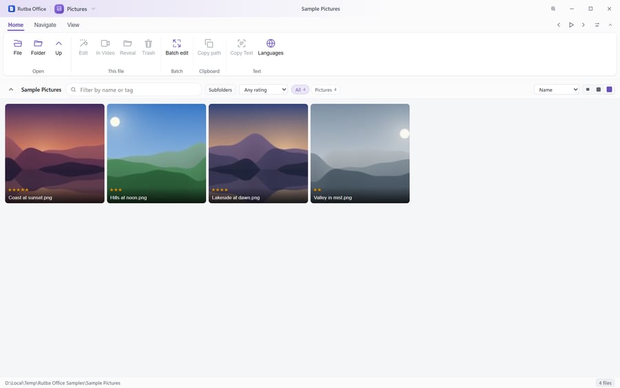 The Pictures app showing a folder of four landscape pictures as a grid of thumbnails, each with its star rating underneath