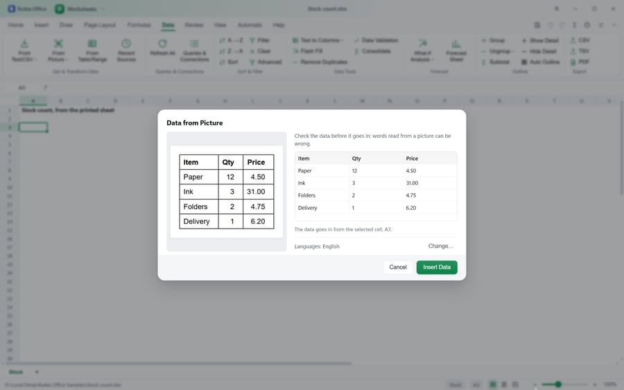 The Worksheets app with the Data from Picture box open: a picture of a printed stock table on the left and the same table read into a grid of cells on the right, ready to insert at the selected cell