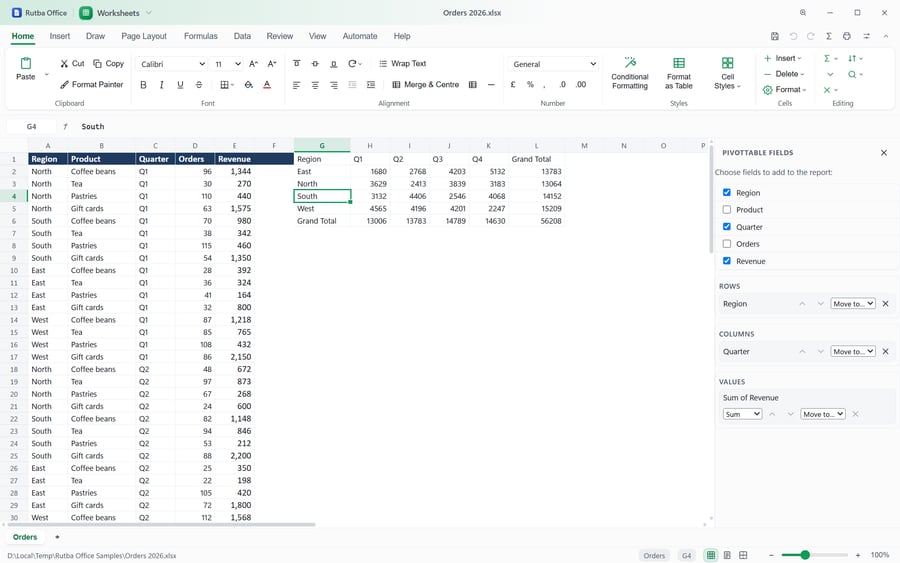 The Worksheets app showing a list of orders and beside it a PivotTable of revenue by region and quarter, with the PivotTable Fields pane open on the right listing the fields and the rows, columns and values areas