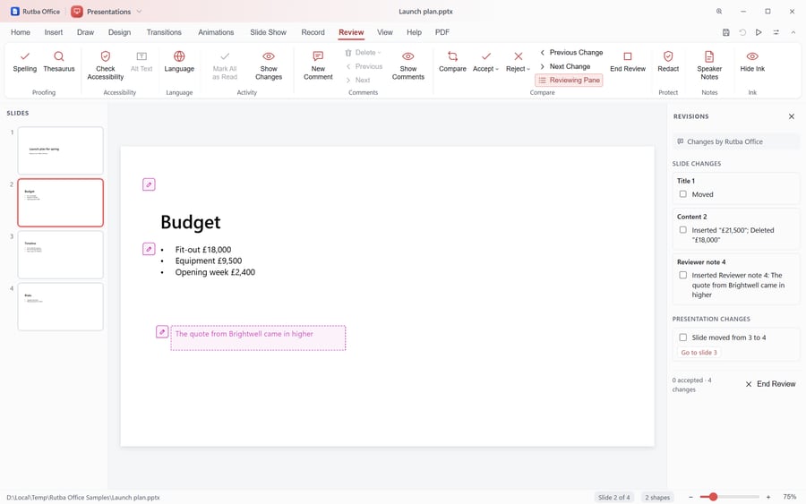 The Presentations app after Review, Compare: a slide with markers where the reviewer changed a figure, moved the title and added a note, and the Revisions pane listing each change with a tick box