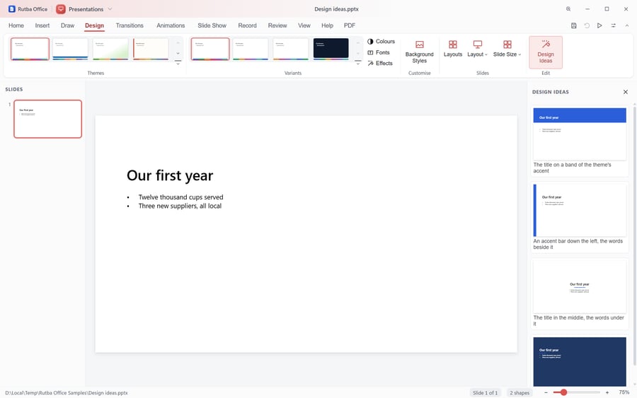 The Presentations app with the Design Ideas pane open beside a slide titled Our first year, offering the slide in several layouts: a coloured title band, an accent bar down the left, and a centred title