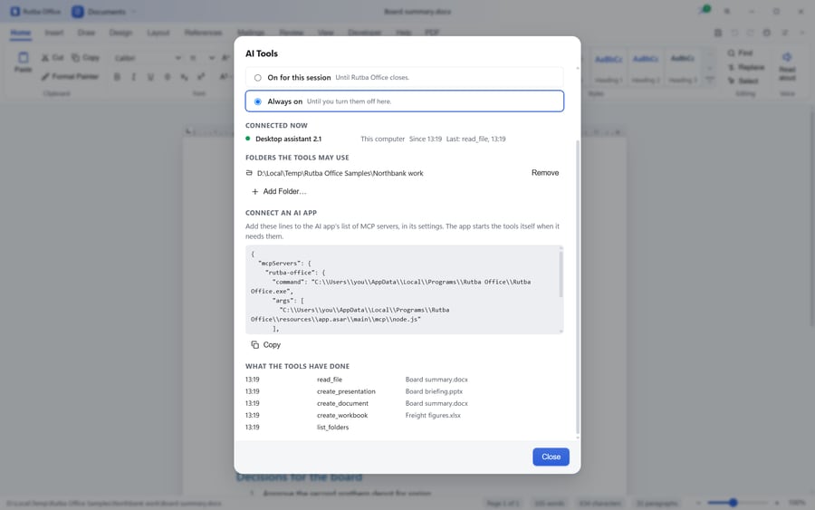 The AI Tools window over a document an AI app has just made: the tools set to Always on, one AI app connected from this computer with its last call, the one folder they may use, the lines that connect an AI app, and a log of the workbook, document and presentation it made and the file it read