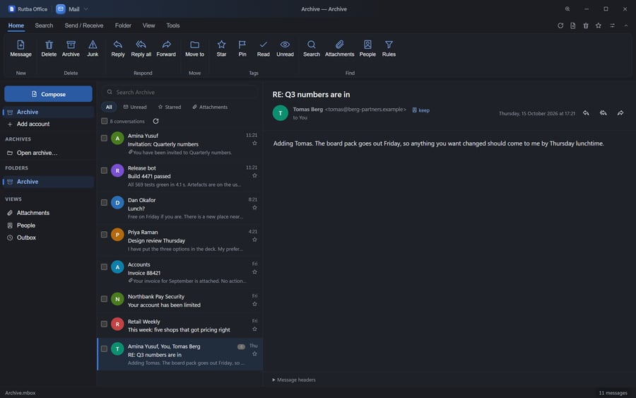 The Mail app in the dark theme: a dark ribbon, folder list and message list with light text, and a message open in the reading pane