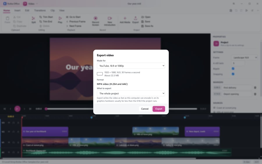 The Video app with the Export video box open over a project of four pictures: made for YouTube at 1080p, 1920 by 1080 at 30 frames a second, as an MP4 video, the whole project