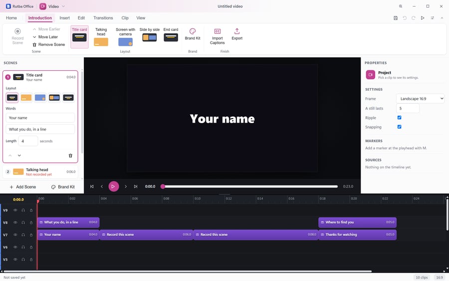 The Video app’s introduction video maker with its scenes listed, the title card open with its layout and words, a preview of the title, and the scenes laid out on the timeline