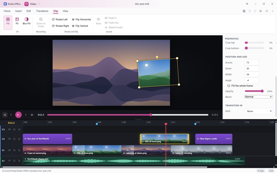 The Video app with a picture in picture picked: on the preview a green hillside inset over a lakeside at dusk, turned slightly, with a grip at each corner and one above to turn it, and the panel giving its place, width and an angle of minus 4 degrees, with its opacity and blend