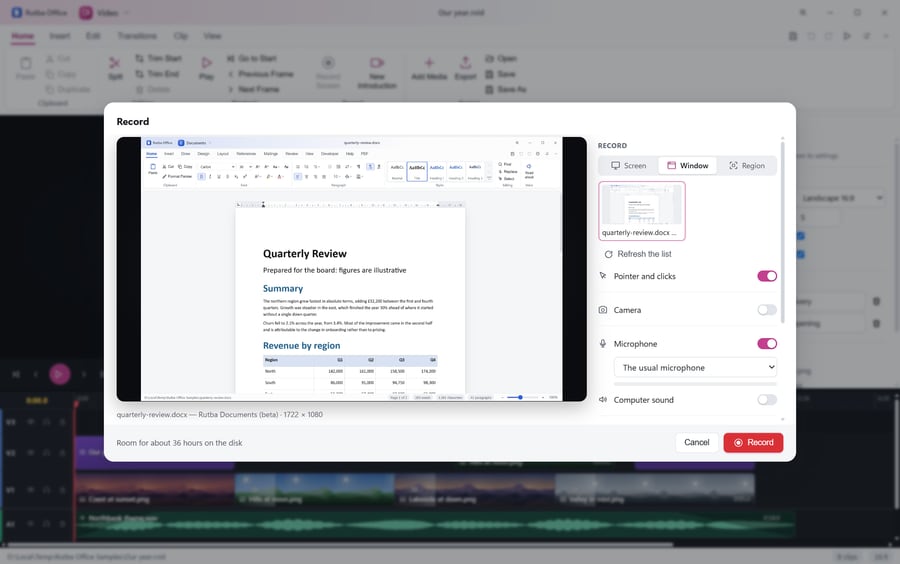 The Video app’s screen recorder showing a live preview of a document window chosen to record, the choice of screen, window or region, and the pointer, camera and microphone settings