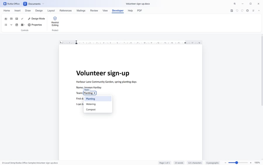 The Documents app with the Developer tab open over a volunteer sign-up form: a name filled in, a drop-down list of teams open under the Team field, a date and a ticked box