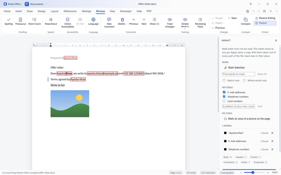 The Documents app with the Redact pane open beside an offer letter: a name, an email address and a telephone number outlined in red wherever they appear on the page, with the email and telephone patterns ticked in the pane