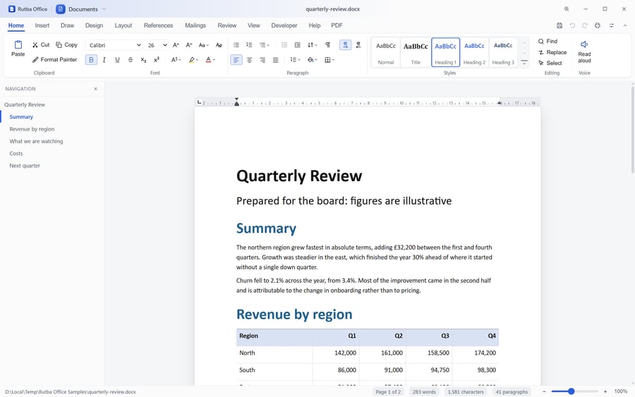 The Documents app showing a report with the Navigation pane of its headings down the left, the caret in a heading, and the Heading 1 style marked in the styles gallery on the Home tab