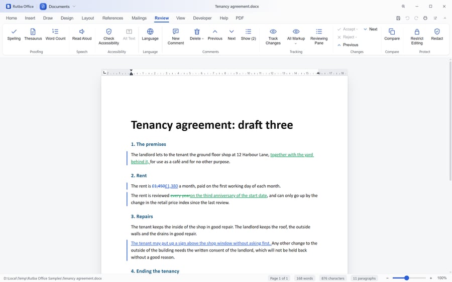 The Documents app on the Review tab with a tenancy agreement in All Markup: inserted words underlined in colour, a rent figure and other deleted words struck through, change bars in the margin, and Show (2) for the document’s two comments