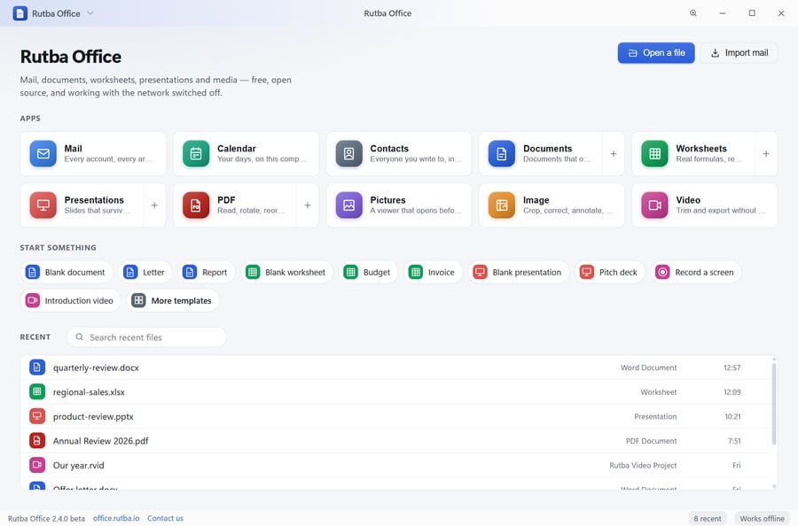 The Rutba Office launcher, with its ten applications as tiles above a row of templates and quick starts, and a list of recent files below, each with its kind and when it was opened
