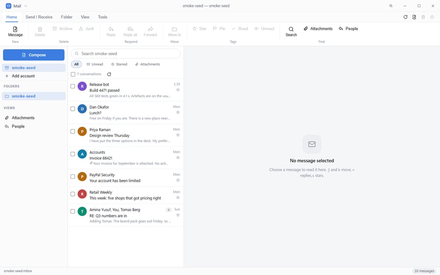 The Mail app showing a threaded conversation list with sender avatars, a folder tree and filters, and a reading pane
