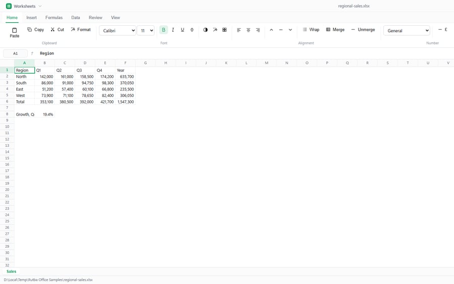 The Worksheets app showing a sales workbook, with thousands-separated figures, a total row computed by formula and a percentage cell