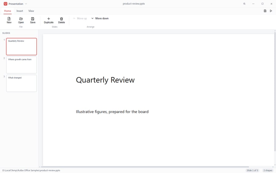 The Presentation app showing a slide deck with a thumbnail rail down the side