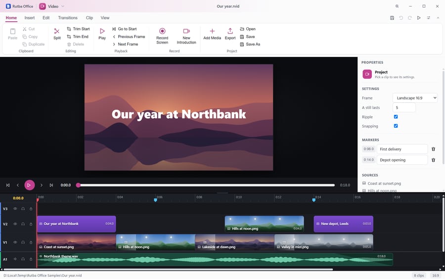 The Video app with a project open: the title Our year at Northbank over a sunset on the preview, a timeline of four pictures with fades between them, a title, a picture in picture and a callout on the track above, a music track with its waveform below, and a properties panel with two markers and the sources