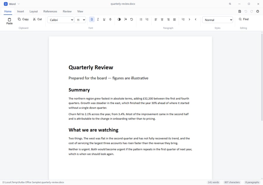 The Word app showing a formatted document titled Quarterly Review, with headings, body text and a word count in the status bar