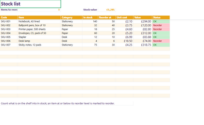 The first sheet of the stock list template
