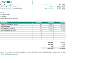 The first sheet of the invoice template