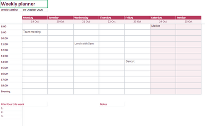 The first sheet of the weekly planner template
