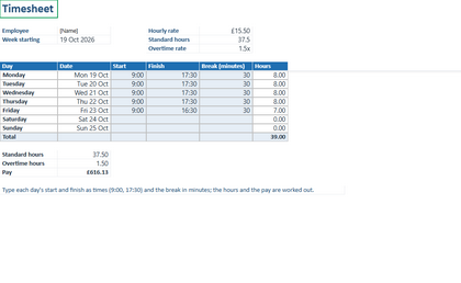 The first sheet of the timesheet template