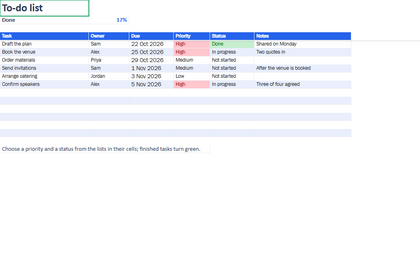 The first sheet of the to-do list template