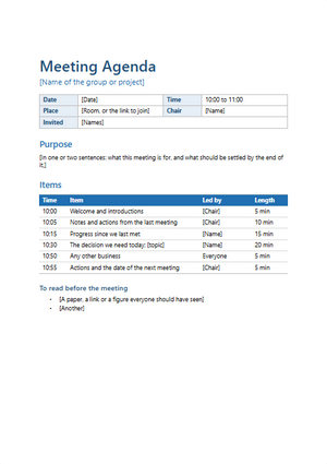The first page of the meeting agenda template