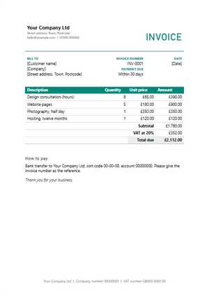 The first page of the invoice template