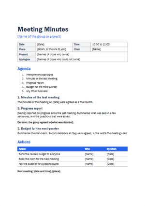 The first page of the meeting minutes template